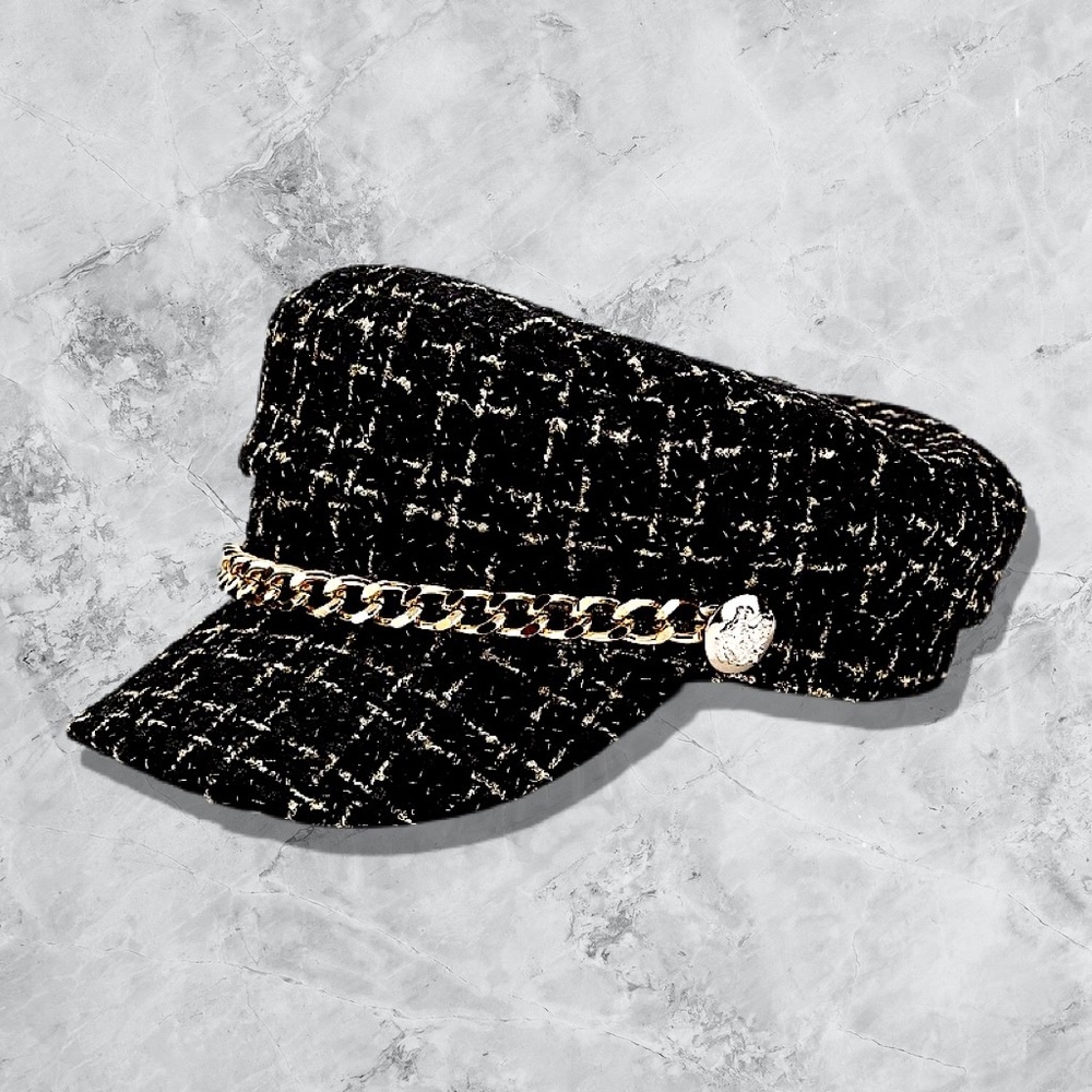 Black gold tweed metallic chain trendy hat